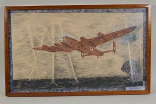 A mixed media artwork of a Lancaster bomber, 50 x 30cm