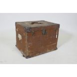 A vintage canvas travel trunk with leather mounts, 52 x 42cm, 40cm high