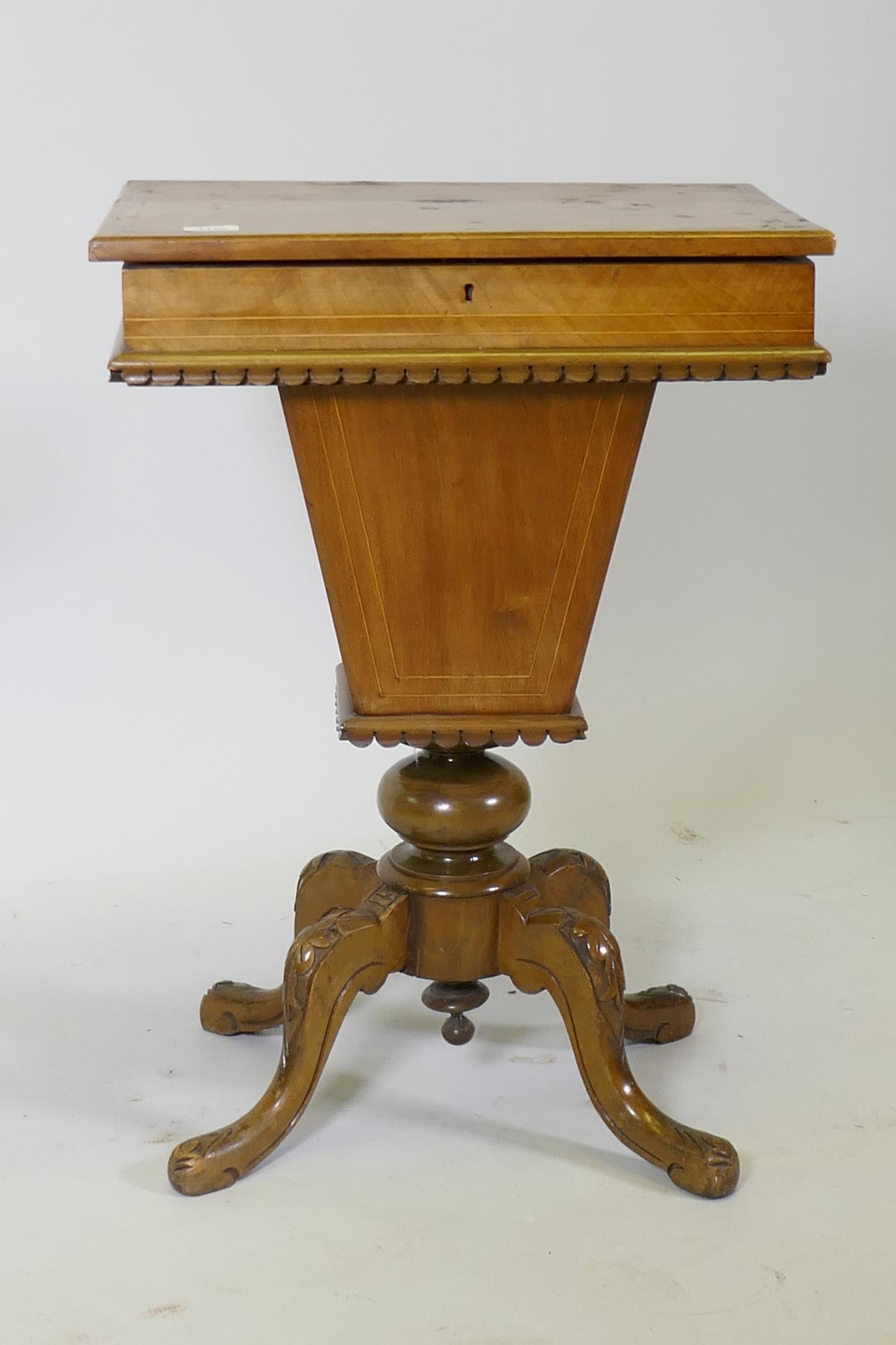A Victorian inlaid walnut workbox, the rising top revealing a fitted interior, raised on carved - Image 2 of 4