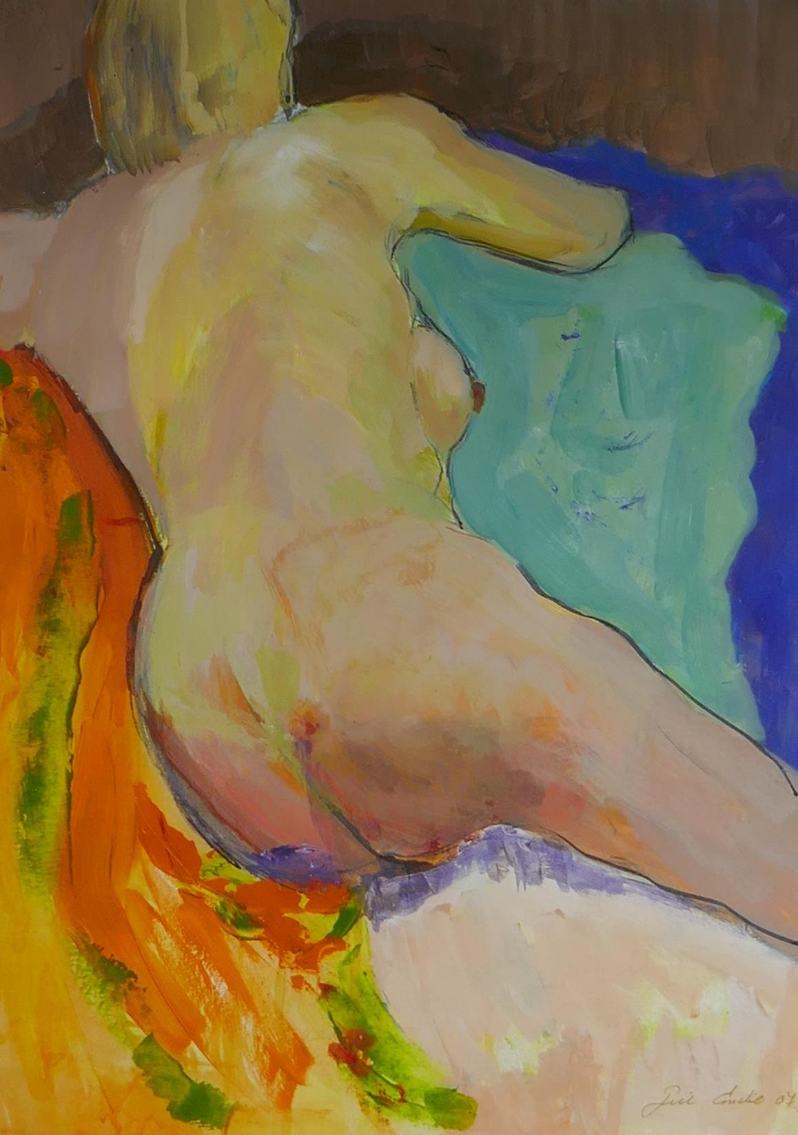Life study of a female nude, indistinctly signed, watercolour, 41 x 58cm