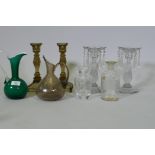 A pair of pressed glass candlesticks, 25cm high, a pair of lustres, AF lacks some drops, glass