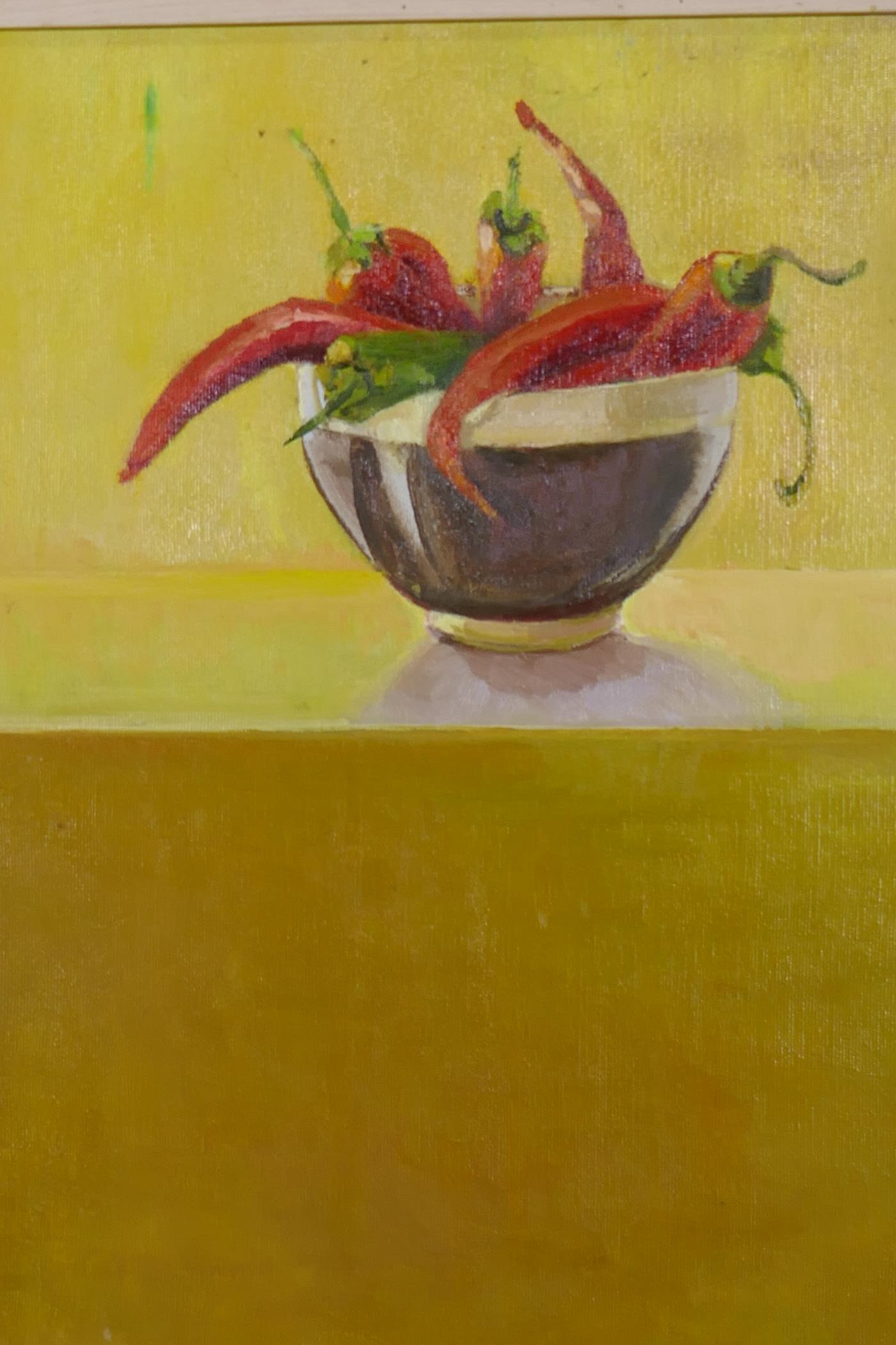 Still life, bowl of chillies, signed Caryl, oil on canvas, 36 x 46cm