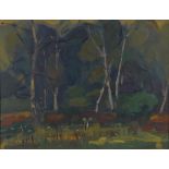 Bill Sly, Silver Birches, Bushy Park, labelled verso and painted with an industrial landscape, canal