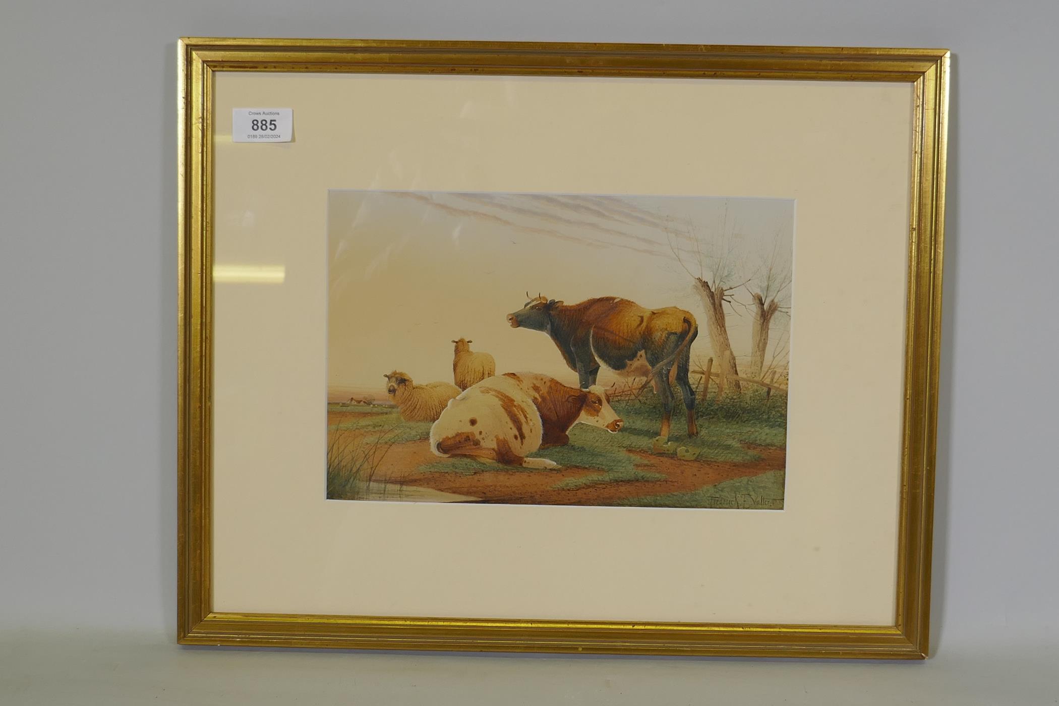 Frederick E. Valter, sheep and cattle in a spring landscape, signed, watercolour, 29 x 20cm - Image 2 of 3