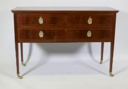 A Victorian inlaid mahogany two drawer side table, raised on square tapering supports, 53 x 82 x