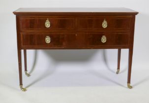 A Victorian inlaid mahogany two drawer side table, raised on square tapering supports, 53 x 82 x