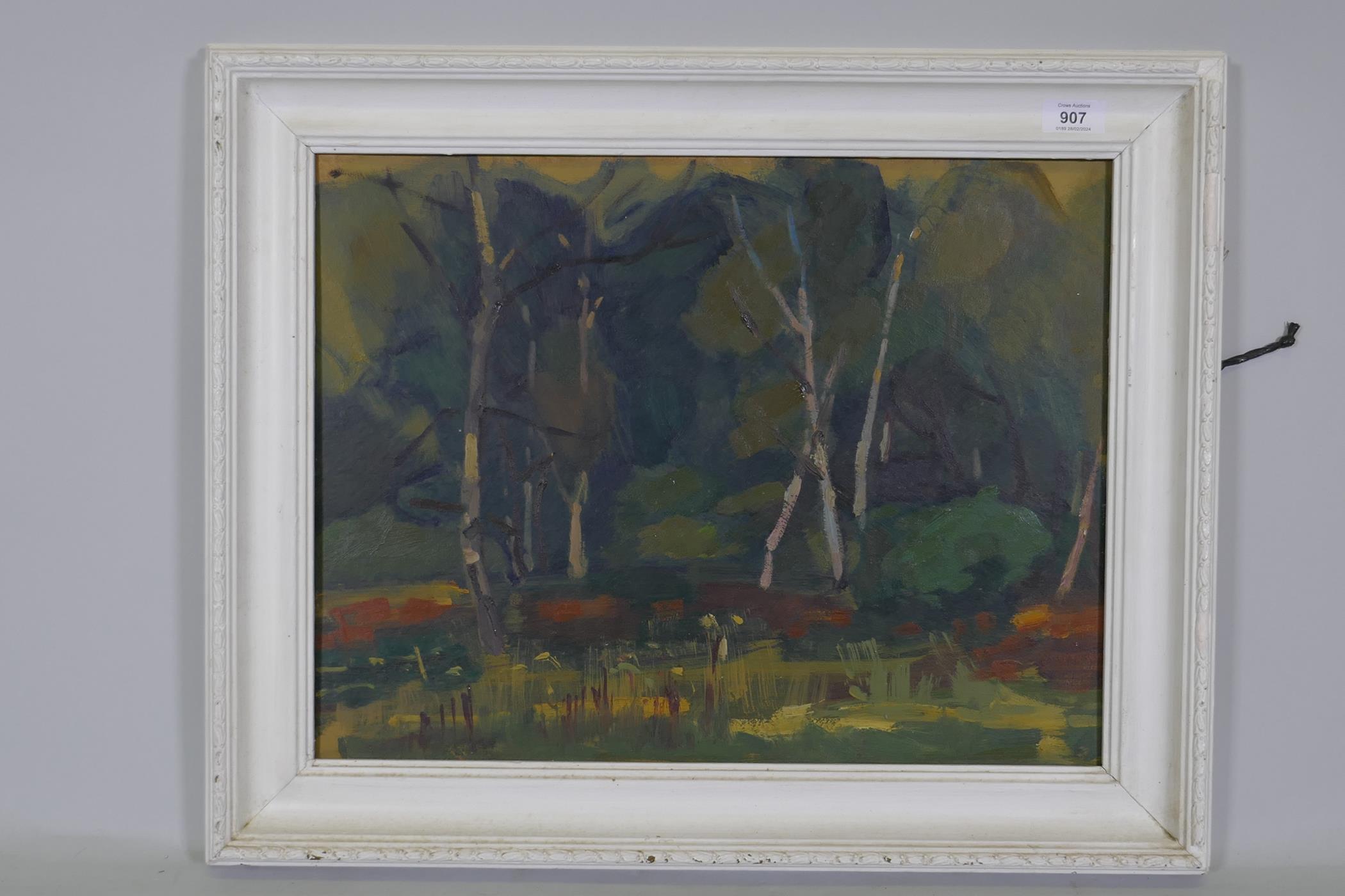 Bill Sly, Silver Birches, Bushy Park, labelled verso and painted with an industrial landscape, canal - Image 3 of 6