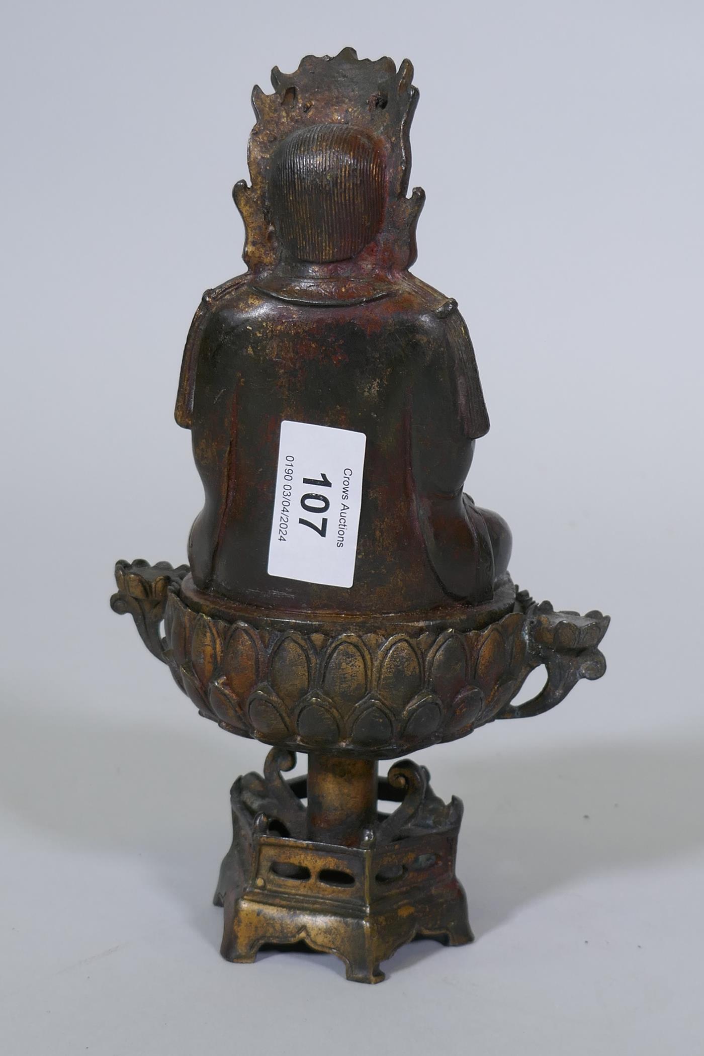 A bronze censer, the cover with seated Buddha, on a lotus bowl, 23cm high - Image 2 of 3