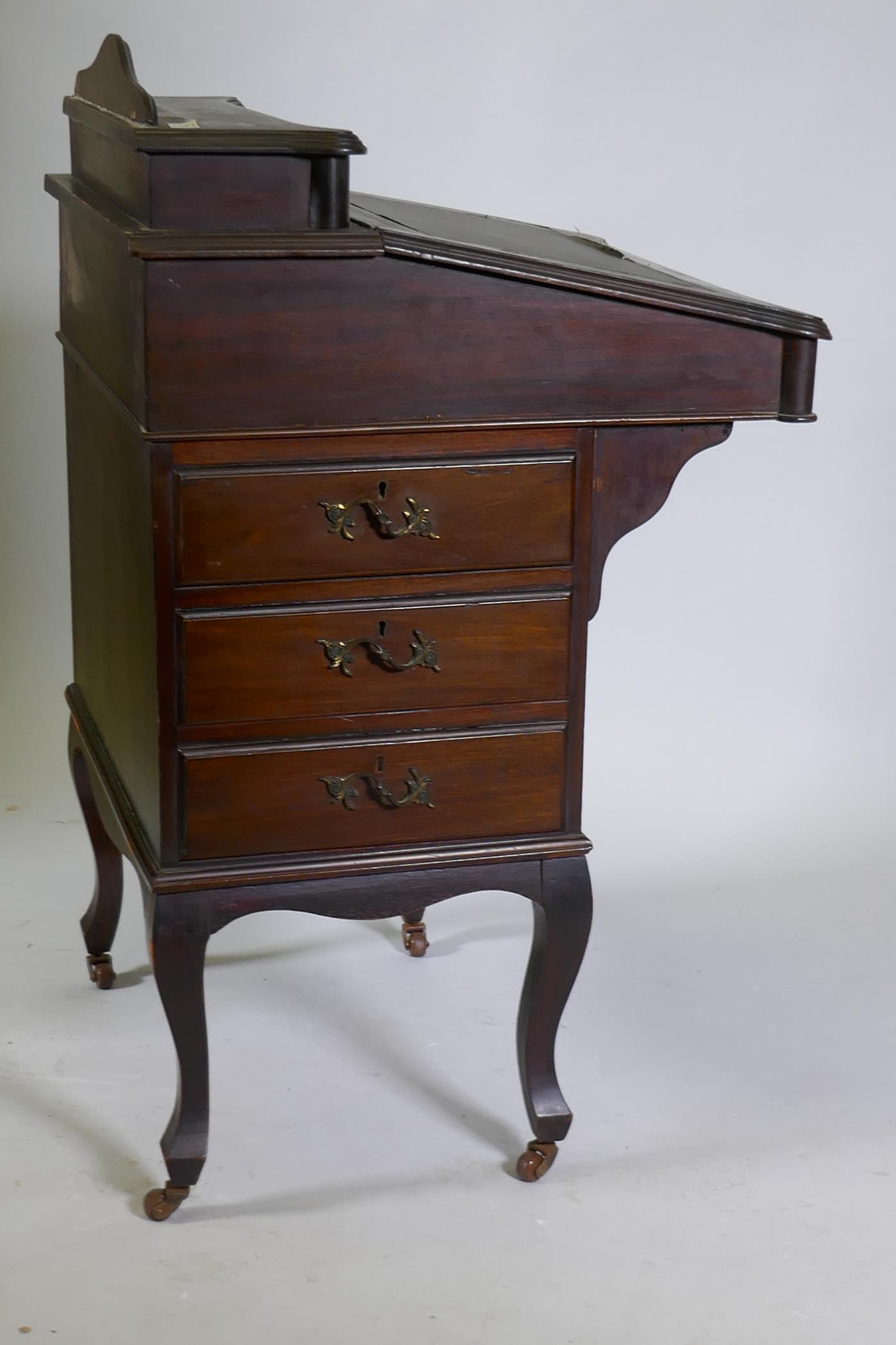 A Victorian mahogany Davenport, lift up top with fitted interior, fall front and three true and - Image 6 of 6