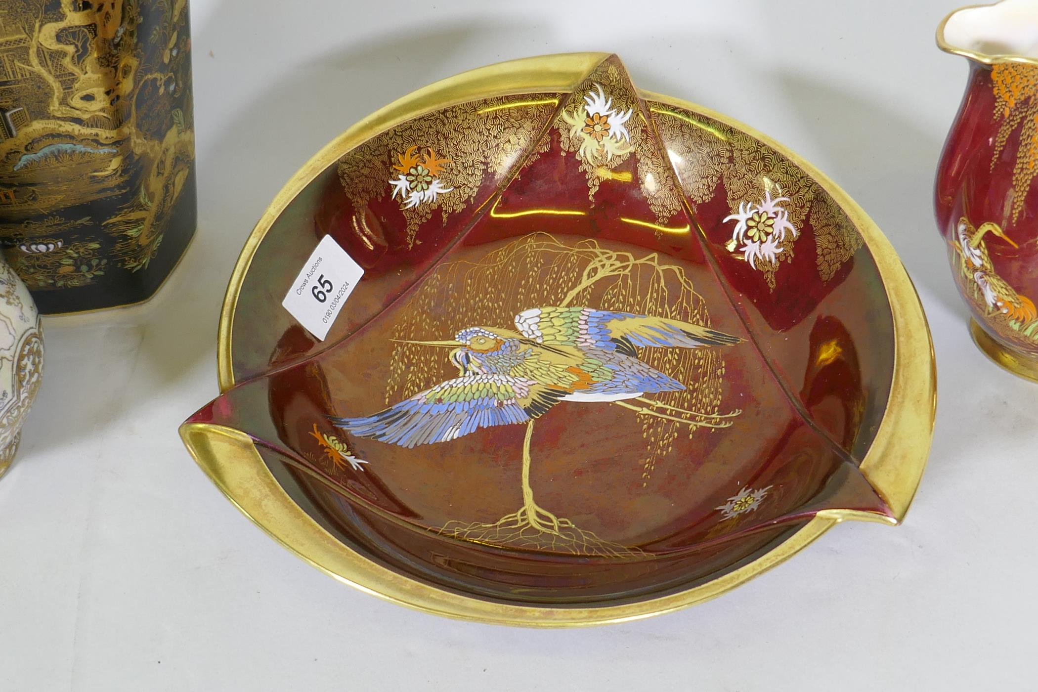 Carltonware, Rouge Royale bowl with kingfisher decoration, 26cm diameter, a similar jug, a pair of - Image 2 of 4