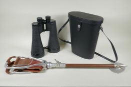 A pair of German Bresser 30 x 80 binoculars, 35m-100m, and an adjustable shooting stick,