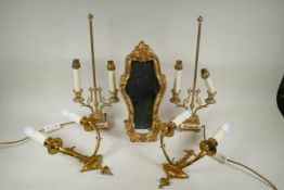 A pair of ormolu two branch table lamps on marble bases, a pair of similar two branch wall sconces