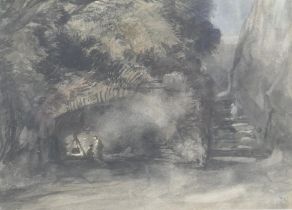 Attributed to Henry Bright, (British, 1810-1873), figures sheltering in a cave by a fire, monochrome