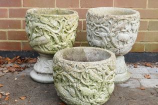 Three concrete garden planters, 24cm high without stands