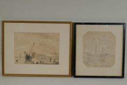 Coastal inlet with figures and boats, antique ink and wash, and another, a study of a sailing