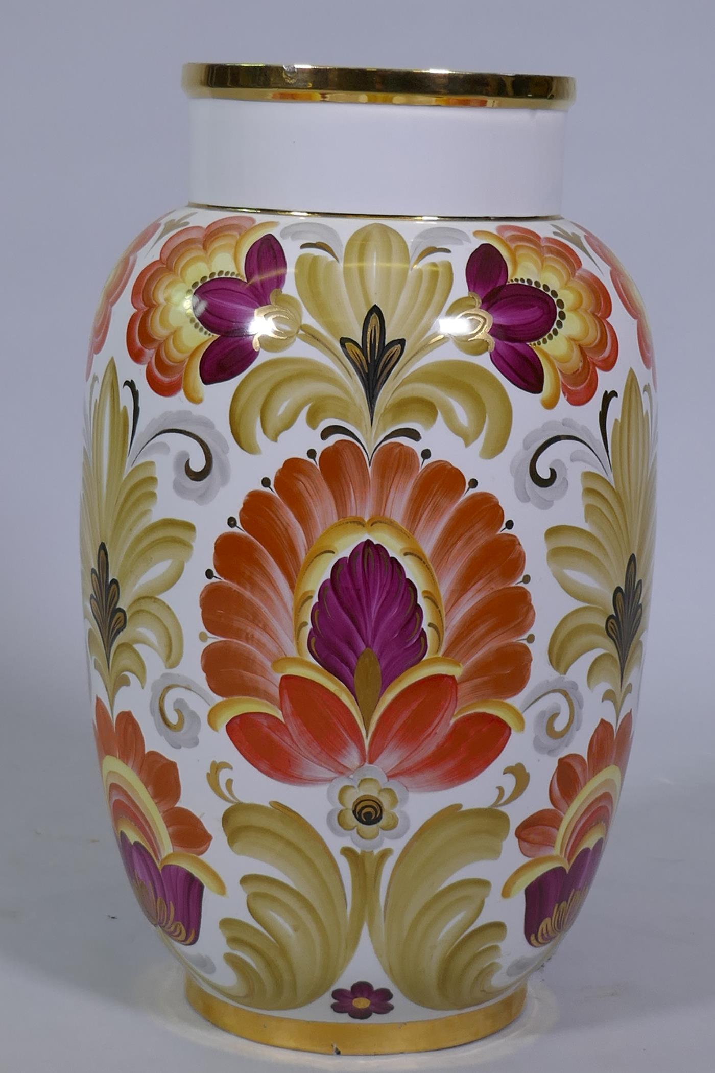 A large Soviet Russian porcelain vase by Lomonsov, with floral decoration and gilt highlights, - Image 3 of 7