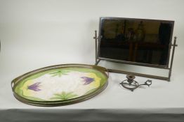 An antique porcelain tray with pierced brass gallery, decorated with Art Nouveau style flowers, an