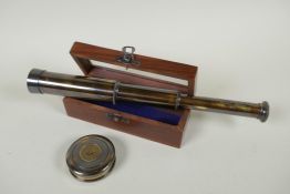 A boxed reproduction 'W. Ottway & Co' brass three draw telescope, and a reproduction brass Marine