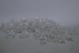 Six Victorian hobnail cut glass sundae dishes, and a quantity of liqueur and sherry glasses