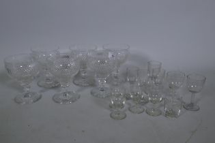 Six Victorian hobnail cut glass sundae dishes, and a quantity of liqueur and sherry glasses