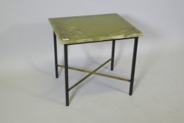 An onyx top occasional table raised on a painted metal base, 39 x 48 x 53cm