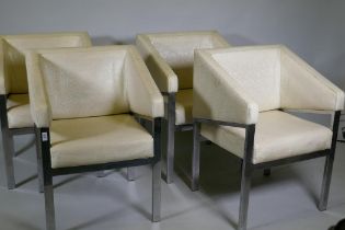 Four mid-century chromed metal framed arm chairs with vinyl covers