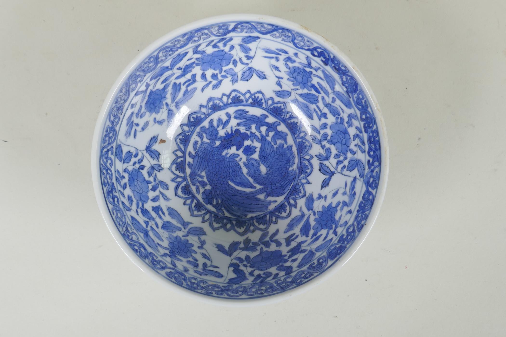 A Chinese blue and white porcelain bowl with phoenix and floral decoration, Qianlong 6 character - Image 2 of 6