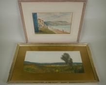 Figures in a coastal inlet, signed Ernest Blaikley (FSMA label verso), and a shepherd and flock in a