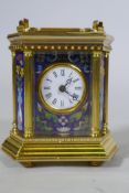 A French style brass carriage clock with inset cloisonne panels, 17 x 12 x 9cm