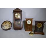 A C19th oak cased wall clock with painted dial and spring driven movement, dial 30cm diameter, an