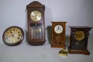 A C19th oak cased wall clock with painted dial and spring driven movement, dial 30cm diameter, an