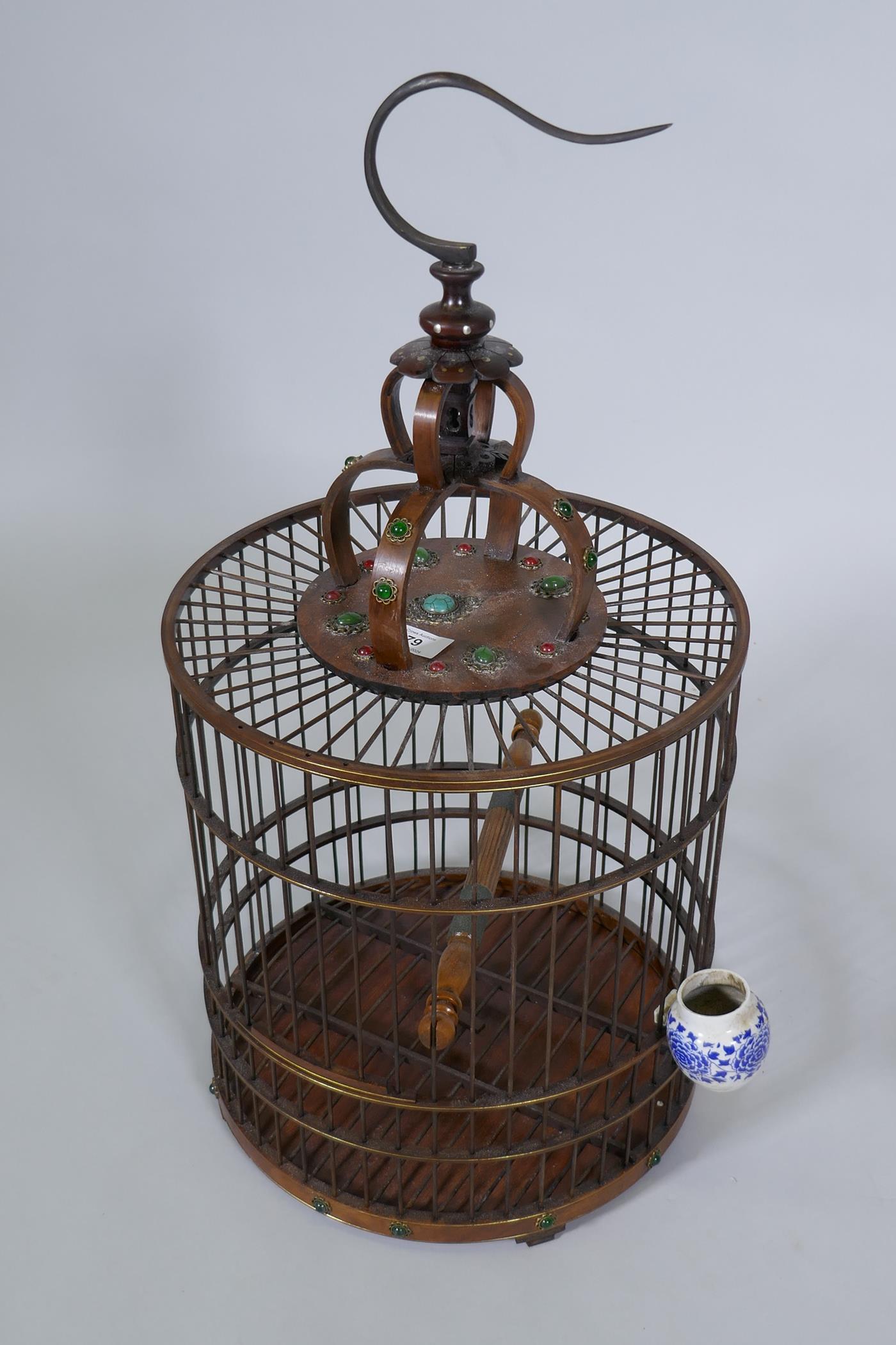 A Chinese wood bird cage with inset decoration, 68cm high - Image 2 of 2