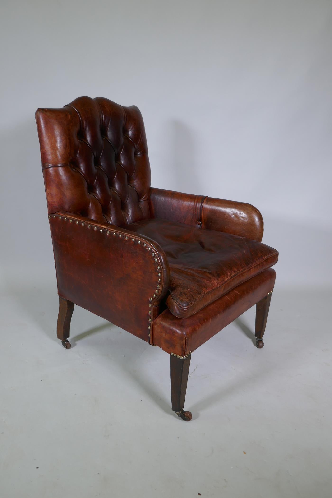 A Cornelius V Smith small Victorian button back leather armchair, stamped CVS, AF - Image 2 of 7