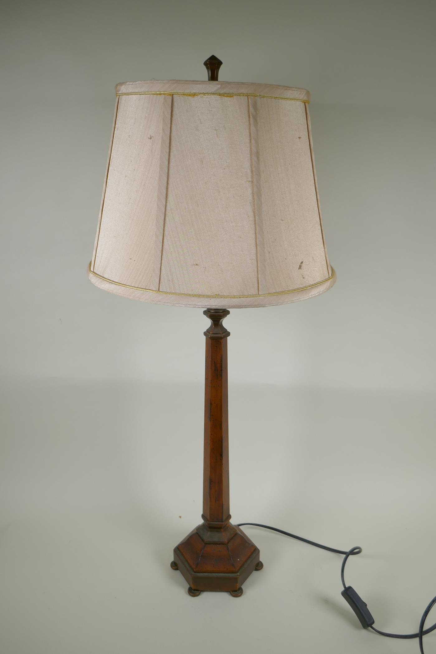 A grained wood and brass hexagonal column table lamp, 80cm high - Image 2 of 3