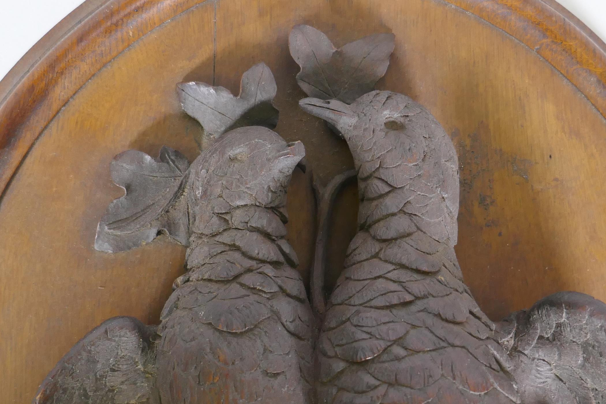 A pair of C19th oak wall plaques with finely carved braces of woodland birds, 46 x 36cm - Image 2 of 6