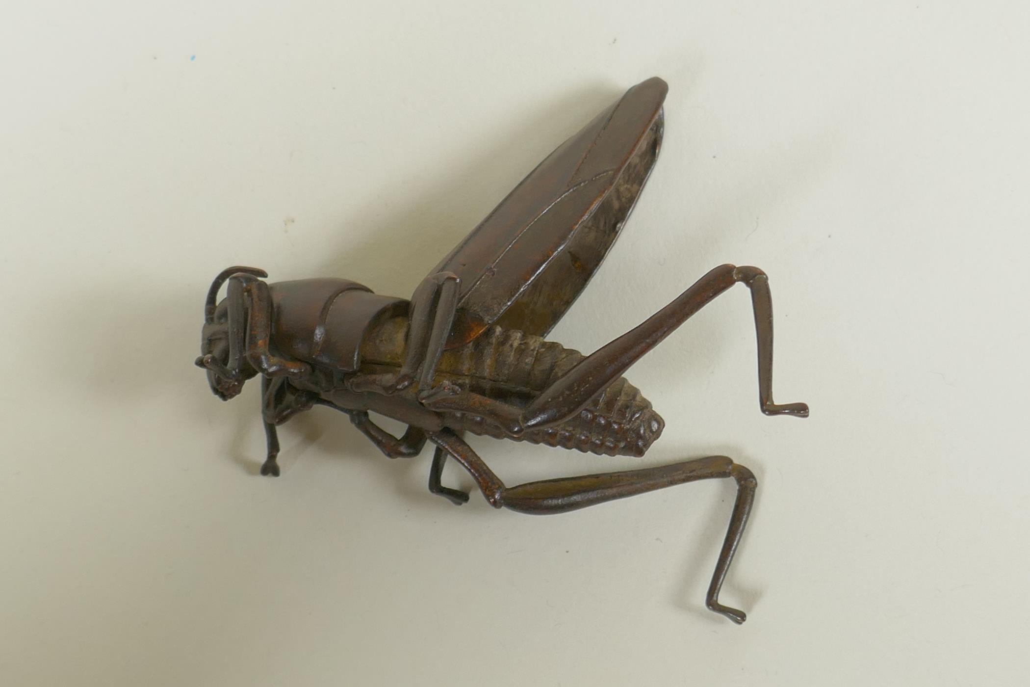 A Japanese style bronze okimono grasshopper, with articulated limbs, 8cm long - Image 3 of 3