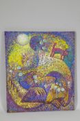 Vladimir Leschev, Red Cat and Yellow Dog under Fish Moon, signed and dated 1992, inscribed verso,