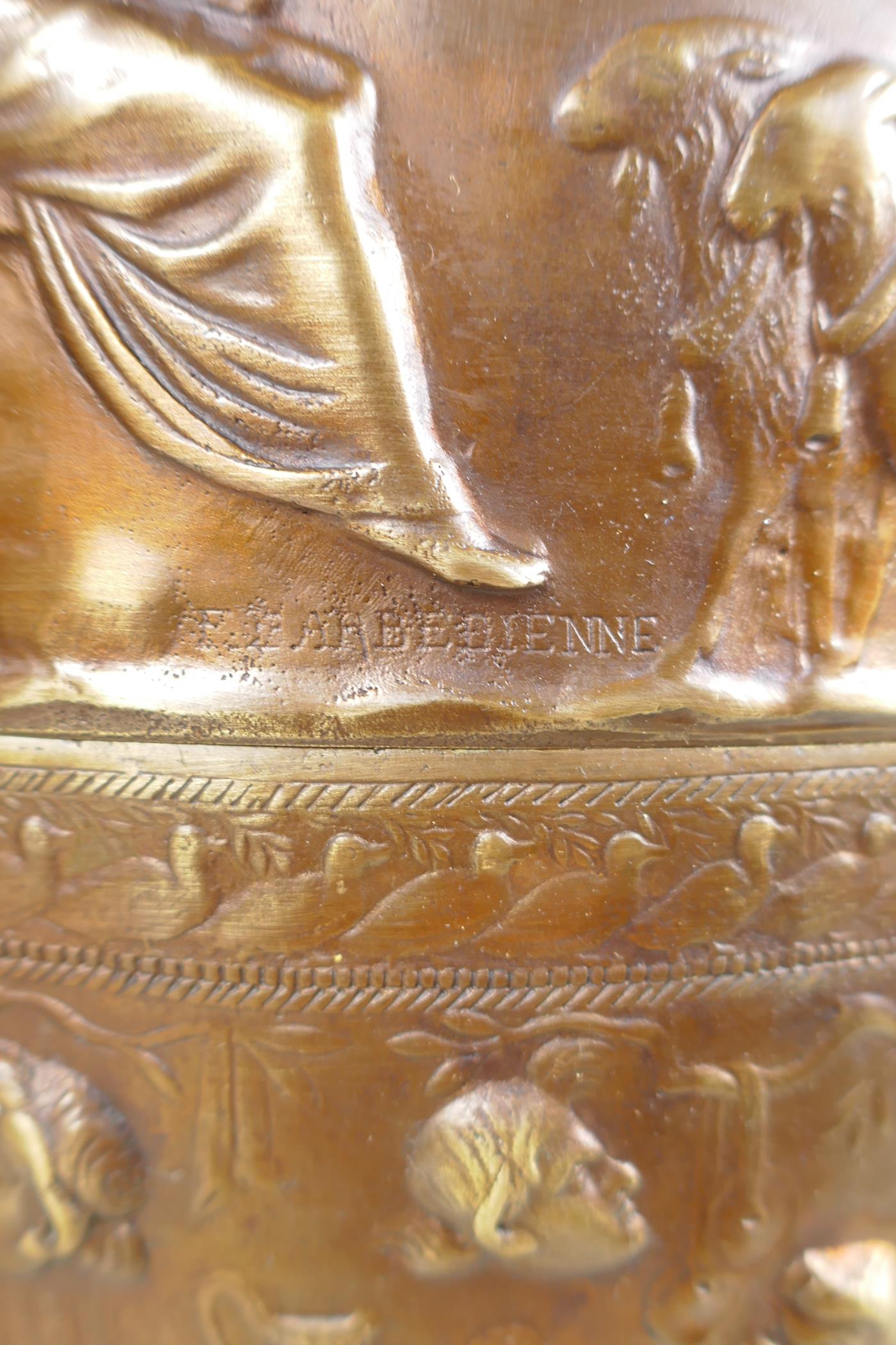 After Barbedienne, a pair of bronze Grand Tour style urns with two handles and raised figural - Image 9 of 9