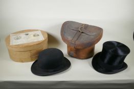 A vintage G.A. Dunn & Co bowler hat, a vintage silk top hat, an antique leather top hat case and a