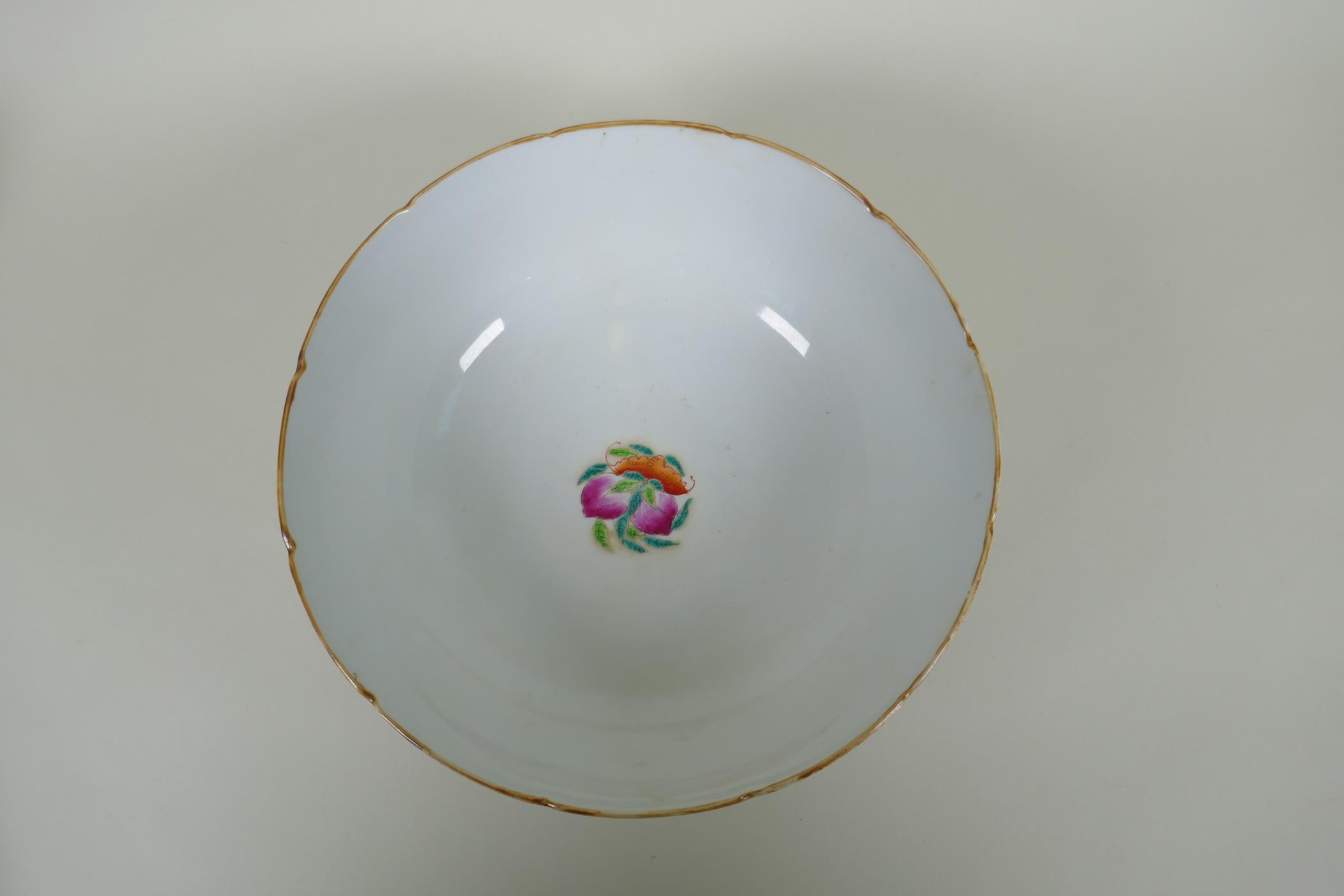 A late C19th Chinese famille rose porcelain bowl with lobed rim, decorated with flowers and - Image 2 of 7
