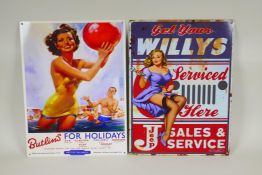 A vintage style 'Butlins' tin sign, and another similar tin sign 'Willys Jeep', 30 x 40cm