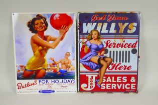 A vintage style 'Butlins' tin sign, and another similar tin sign 'Willys Jeep', 30 x 40cm