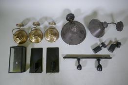 A quantity of assorted metal pennant and wall lamps, largest 34cm diameter