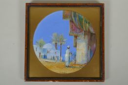 F. Varley, North African, town scene, signed, early C20th, gouache, 22cm diameter