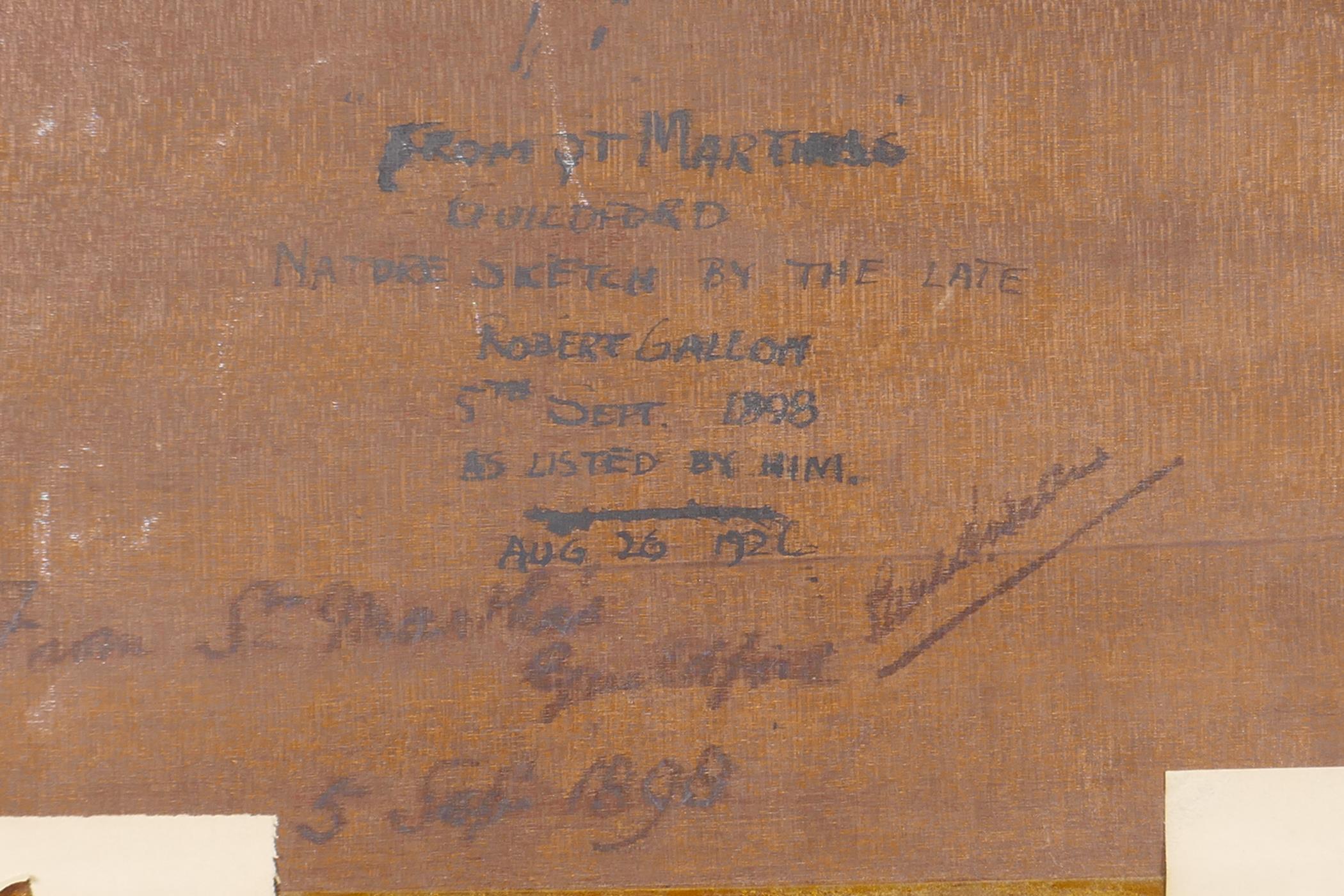 Robert Gallon, St Martha's, Guildford, some history inscribed on the frame and verso, oil on - Image 6 of 6
