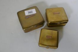 Three fisherman's brass bait boxes, largest 8 x 8 x 3cm