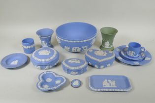 A collection of Wedgwood Jasperware to include trinket boxes, dishes, bowls, cups and saucers,