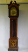 A C19th inlaid mahogany musical eight day long case clock, the dome top with swan pediment, the case