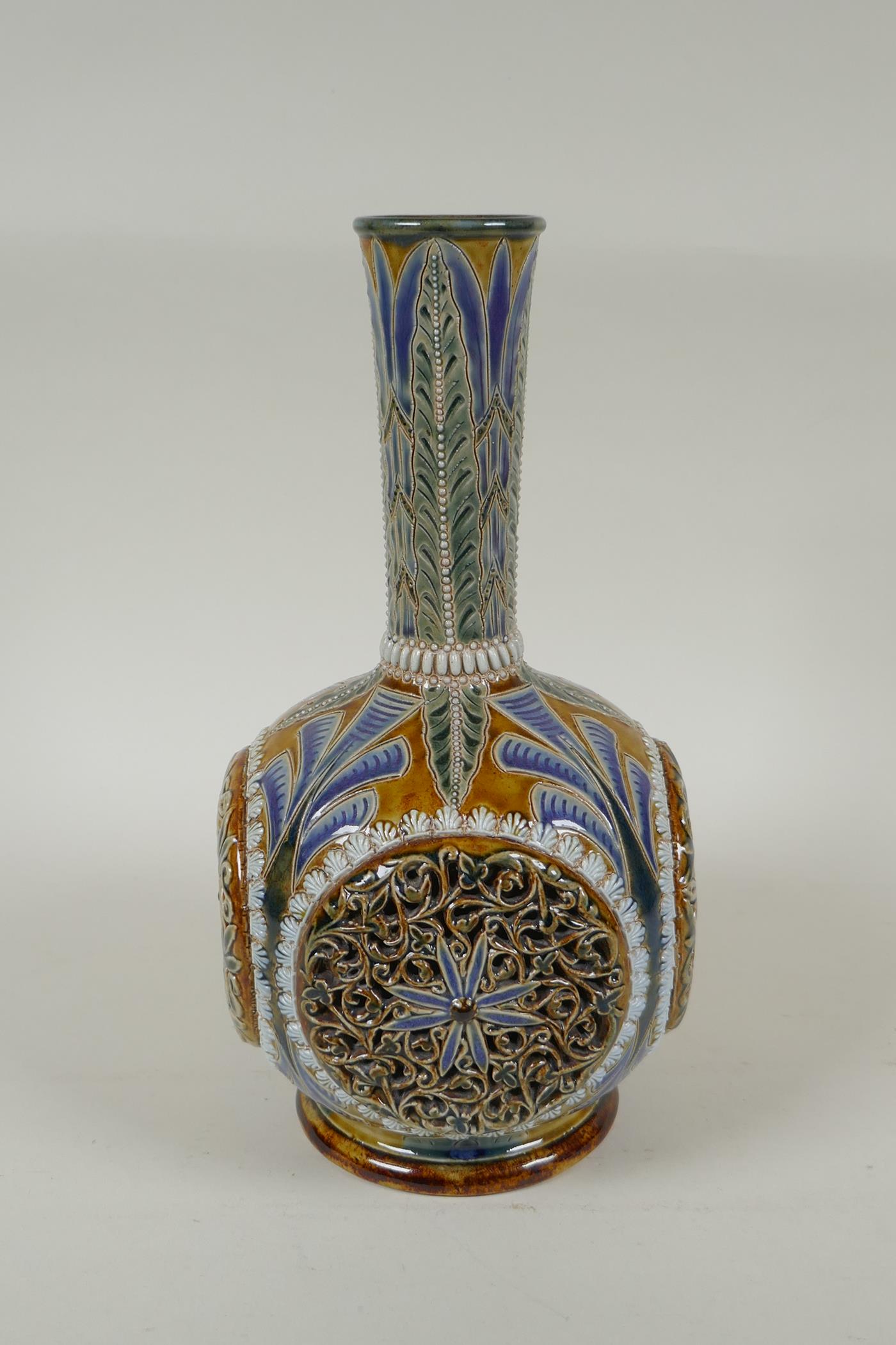 A C19th Doulton Lambeth stoneware vase by Emily E. Stormer, decorated with raised reticulated floral - Image 3 of 9