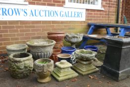 A quantity of terracotta and concrete garden planters, a chimney pot/pedestal, 53cm high, etc